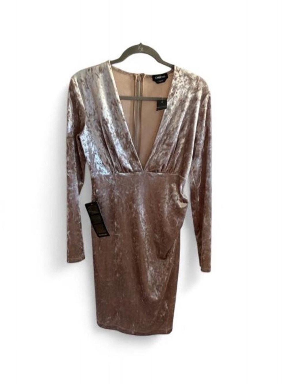 Bebe Silver Tan Crushed Velvet Long Sleeve Plunge Bodycon Dress
